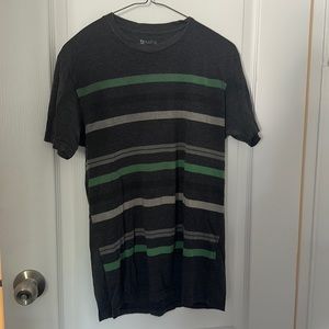 Gray tee with horizontal gray and green stripes